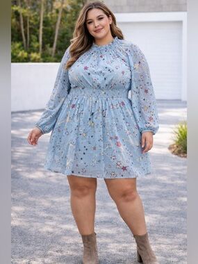 Torrid 2X Cosmic Star Print Mini Dress Blue Smocked Waist NWT Long Sleeve